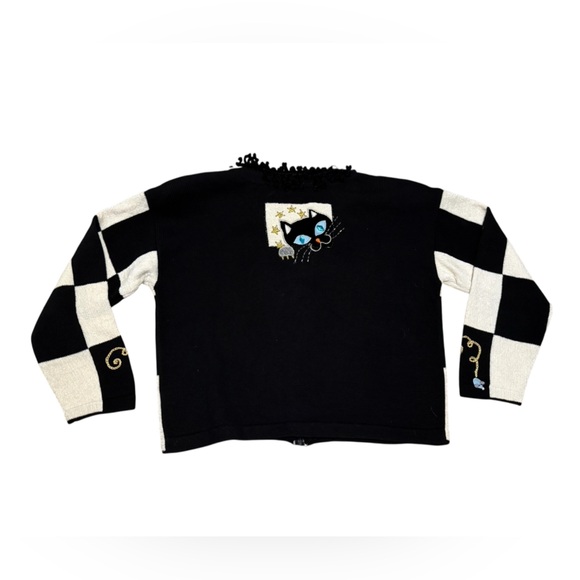 Rare Vintage Berek Black and White Checkered Cat Sweater Size Large - Picture 7 of 9